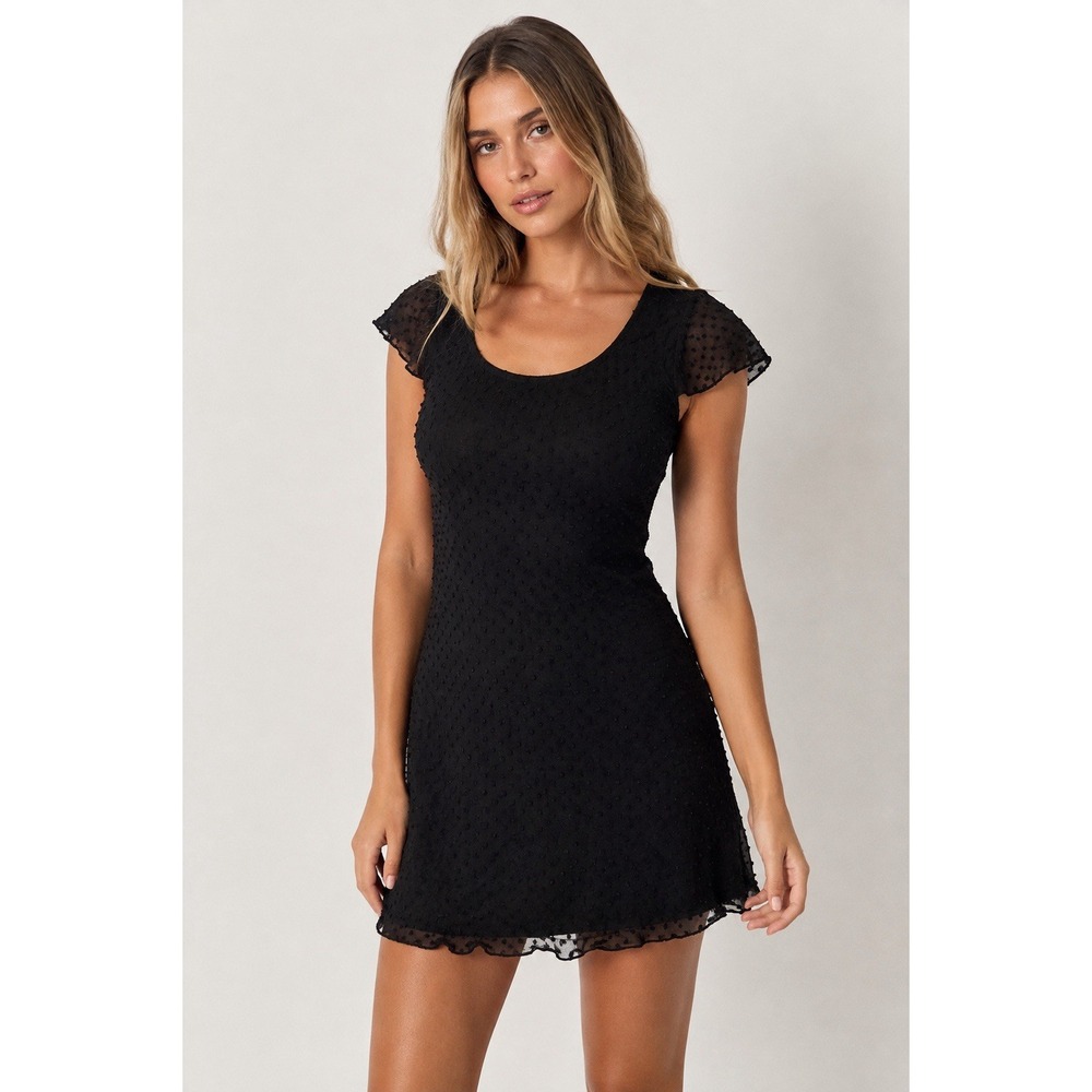 J.Crew Women's Black Swiss Dot Mini Dress Flutter Sleeve Sheer Chiffon Size 4